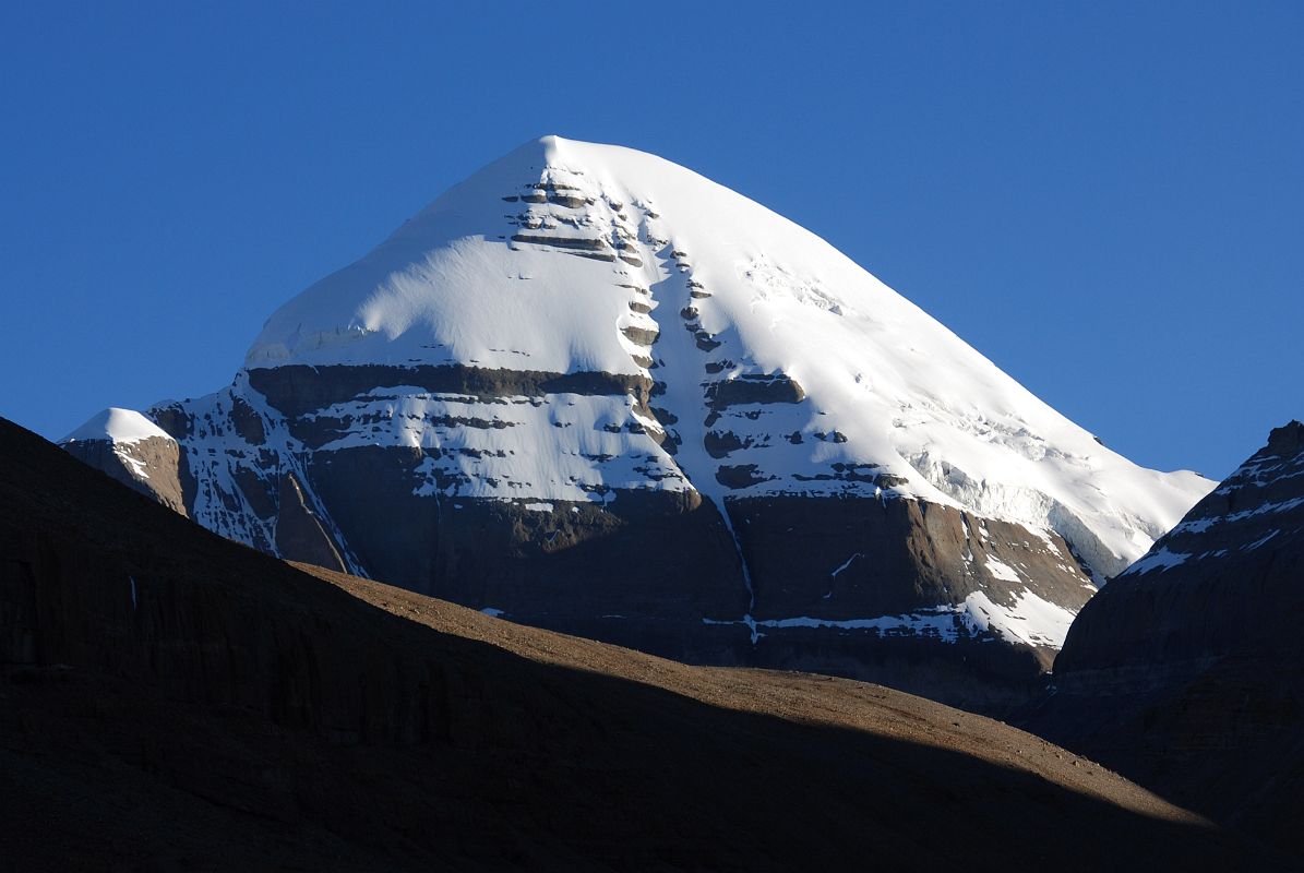 03 Mount Kailash South Face Close Up From First Pass Early Morning On Mount Kailash Inner Kora Nandi Parikrama Mount Kailash shines in the early morning sun from the first pass (07:07, 5084m) just after starting the trek from Seleng Gompa (06:45, 4991m).